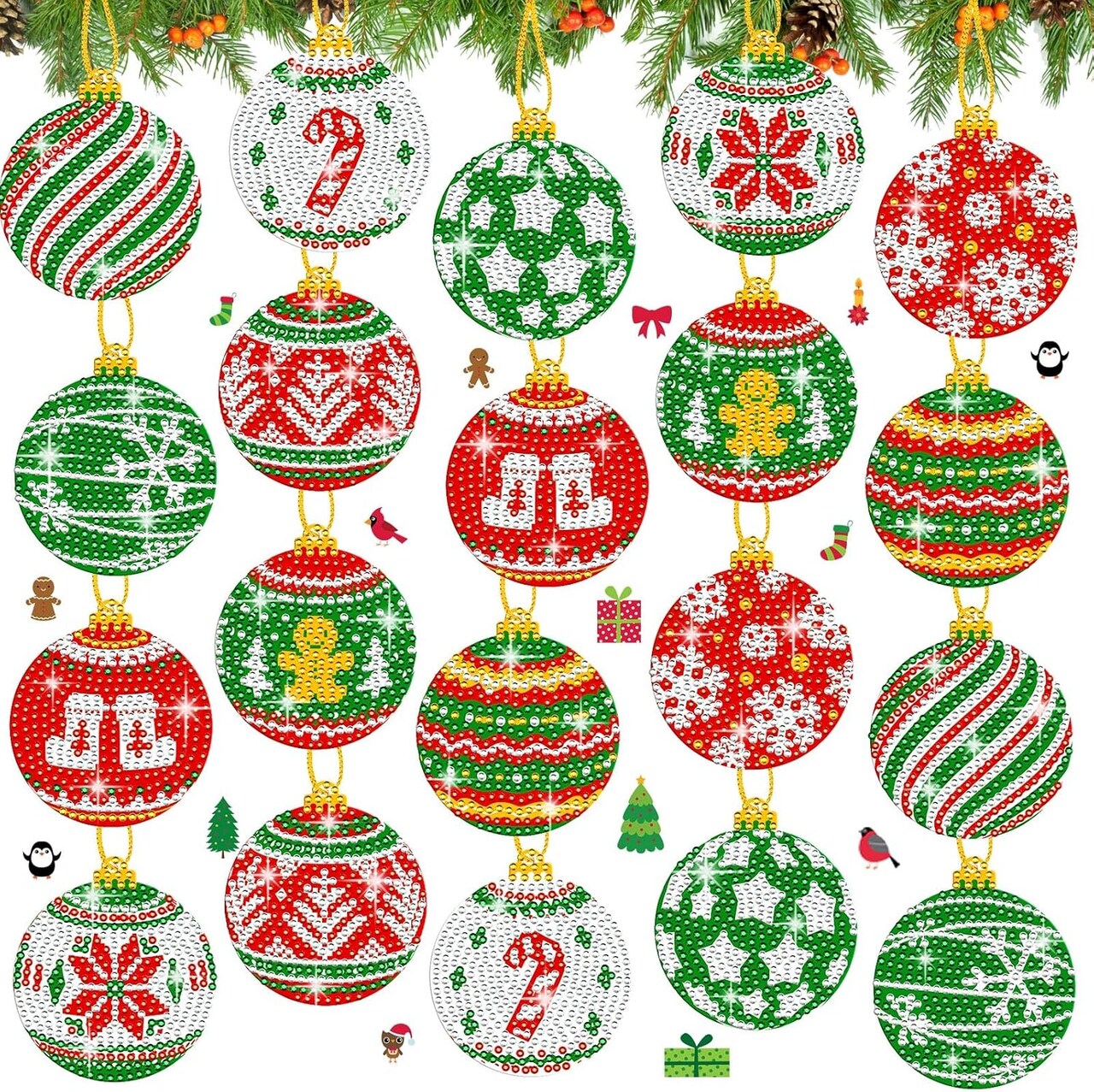 20PCS Christmas Diamond Painting Ornaments Kit – Red & Green 5D Diamond Art Ball Keychains, DIY Xmas Tree Hanging Decorations for Adults, Holiday Craft Party Decor